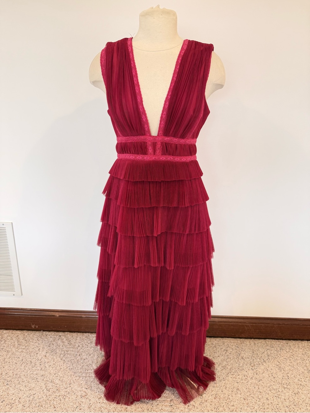 NWT Hutch Charley Deep-V Pleated Raspberry Tiered Tulle Maxi Dress Size 6P - Picture 2 of 13